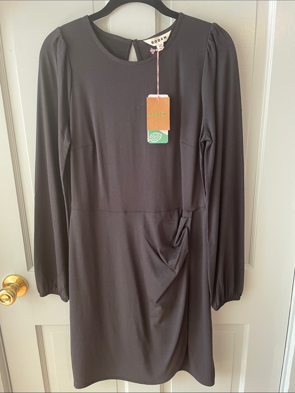 Boden Black Long-Sleeve Draped Front Faux Wrap Dress 6 NWTS